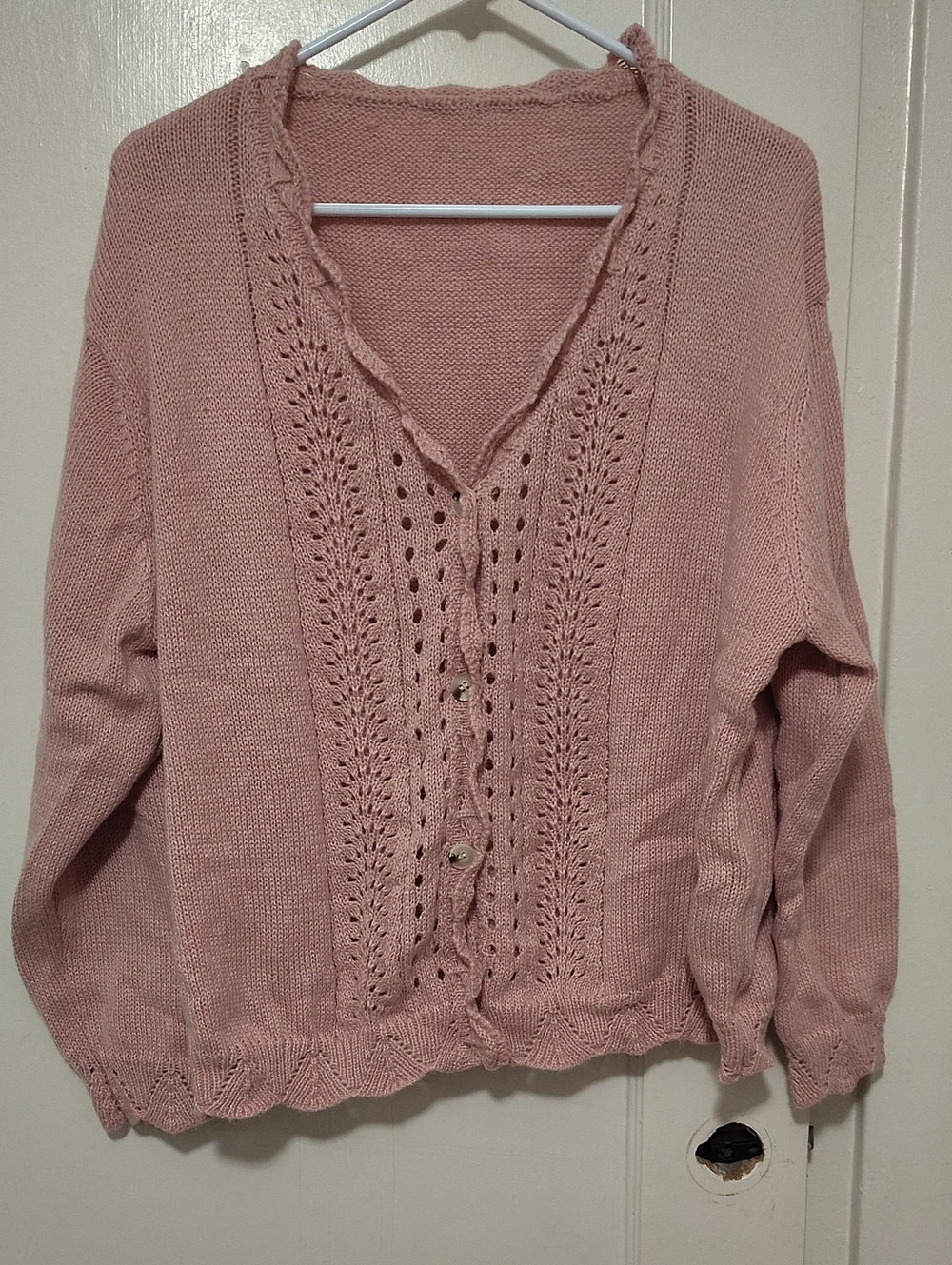unbranded Pink Knit Button-Front Sweater Cardigan ruffley neckline vneck pattern